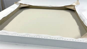 We offer stretched canvas fabric options ranging from cotton to linen, custom-cut and built to your stretch specifications. Each is primed, tensioned, and shipped packaged in wooden crates to maintain smooth surfaces. Perfect for detailed texture work.